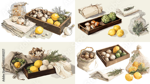 Watercolor rustic food illustration of wooden crates with mushrooms, lemons, and herbs in eco-friendly countryside harvest style.