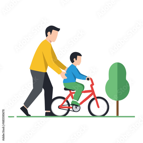 Learning to Ride: A father guides his son in his first bike ride, capturing a moment of paternal love and the joy of childhood in a vector illustration.