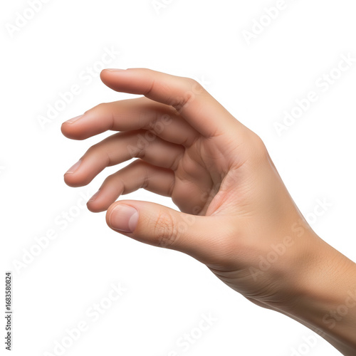 Open human hand reaching out gently showing palm and fingers in a grasping motion transparent background