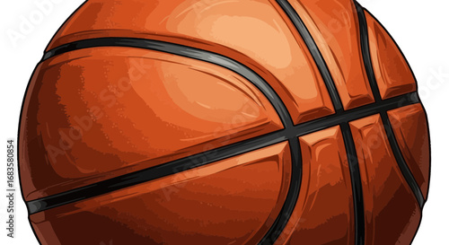 A close-up view of an orange basketball with black lines, isolated on a white background.