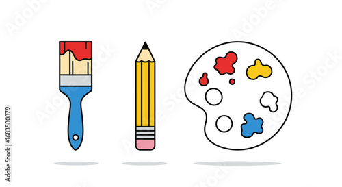 Illustration of a paintbrush with red paint, a yellow pencil, and a white artist's palette with colorful paints.