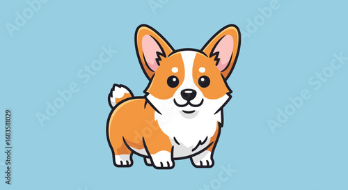 Adorable cartoon Pembroke Welsh Corgi, orange and white, standing, happy expression.