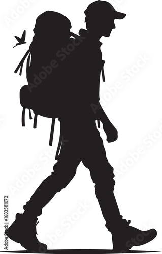 Silhouette of a Hiker with Backpack and Bird Flying By