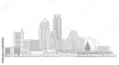 Austin, Texas skyline illustration;  modern city architecture, buildings, and capitol dome.