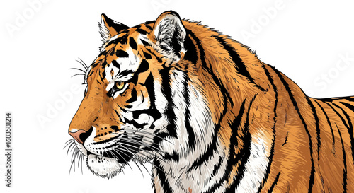 A detailed close-up profile of a majestic tiger's head and upper body, showcasing its distinctive orange and black striped fur and piercing eyes against a clean white background.