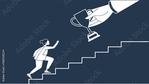 A person climbing stairs towards a trophy held by a hand, symbolizing success and achievement