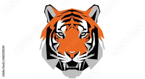 Fierce tiger head illustration with striking orange and black stripes, showcasing intense eyes and a powerful, stylized design on a white background.