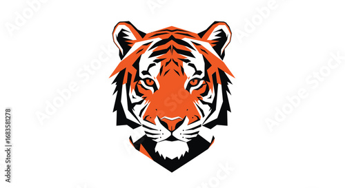 Stylized tiger head illustration with bold orange and black stripes on a white background.