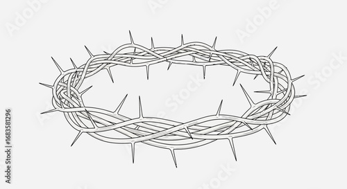 A detailed illustration of a circular crown made of thorny branches, rendered in grayscale.
