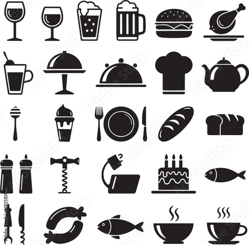 Collection of black food and drink icons on a white background vector illustration