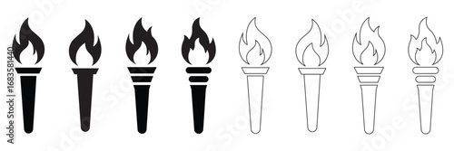 Olympic Torch Icons Set – Black Silhouette and Minimal Flame Vector Illustration Collection