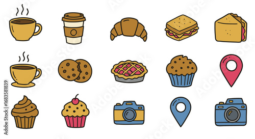Vector illustration set of coffee, bakery, dessert, and travel icons including coffee cup, croissant, sandwich, cookies, pie, muffin, cupcake, camera, and location pin. Perfect for café menu, bakery d