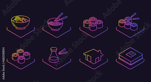 Isometric gradient line icons depicting various Japanese food items like sushi, ramen, and soy sauce, alongside a traditional house.