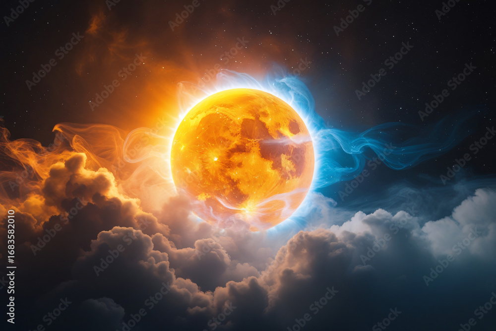 Obraz premium Dramatic Space Artwork Featuring Bright Sun, Ethereal Gas Clouds, and Dark Starry Background – Highly Detailed Cosmic Illustration