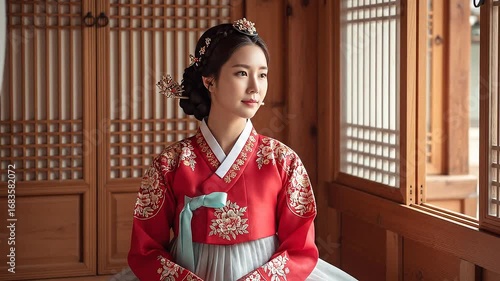 Beautiful Korean woman in traditional hanbok sitting by wooden window in hanok house.
Elegant Korean woman wearing hanbok inside traditional hanok with serene atmosphere.