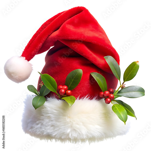 a festive red santa hat adorned with green holly leaves