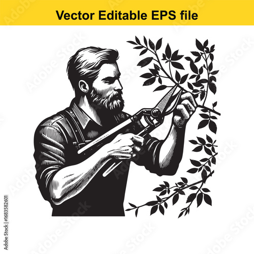 Bearded man pruning a tree branch with pruning shears, vector illustration