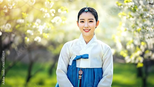 Beautiful Korean woman in blue hanbok smiling among blooming spring trees.
Elegant Korean woman wearing traditional hanbok in a bright spring garden.