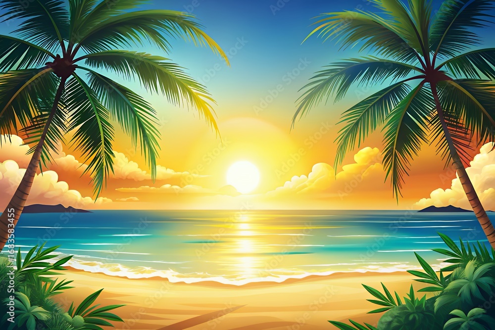 Obraz premium Vibrant tropical beach sunset with palm trees and ocean waves
