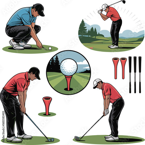Golf Player Actions and Equipment Golf Ball Tee and Clubs golfer sport