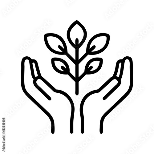 Vector art of hands holding a plant, representing growth, care, and environmental protection in a simple and minimal line art style