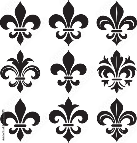 Nine black fleur de lis symbols in various ornate and simple designs on white background heraldry royalty