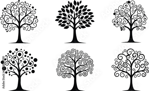 Black decorative tree silhouettes with unique artistic designs, nature and botanical concept, forest symbols, ecology, and arboreal vector illustration for design projects