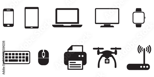 Electronic Devices Icon Set – Silhouette and Flat Vector Collection of Computers, Smartphones, Laptops, Tablets, and Modern Gadgets