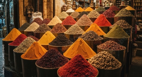 Wallpaper Mural Colorful spice jars overflowing with various powders.  A vibrant display of spices in a bustling market Torontodigital.ca