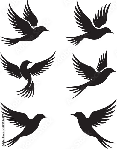 Six Black Silhouette Graphics Of Flying Birds In Various Poses flight freedom
