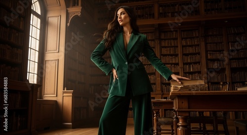 Elegant Woman in Green Velvet Suit in a Grand Library