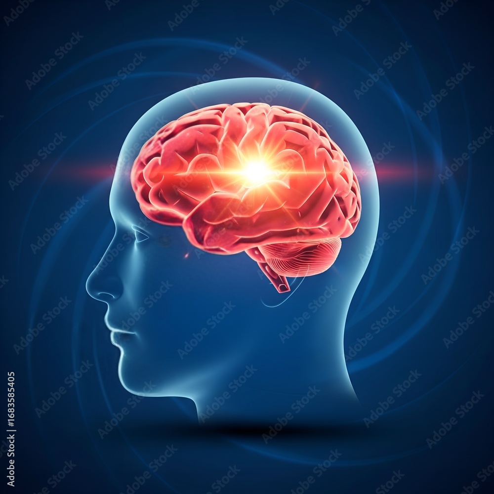 Fototapeta premium Human brain radiating energy and light representing thought and intelligence