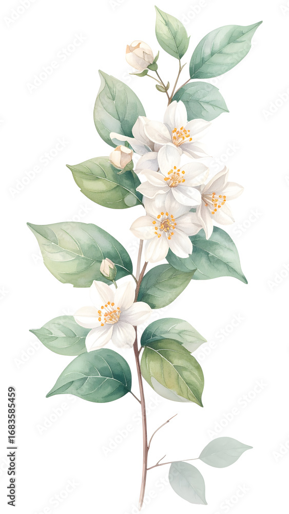 Obraz premium Delicate Jasmine Blossom Branch: A breathtaking display of jasmine, captured in intricate detail, Botanical for Wedding Invitation, Greeting Card, Decorative Design.