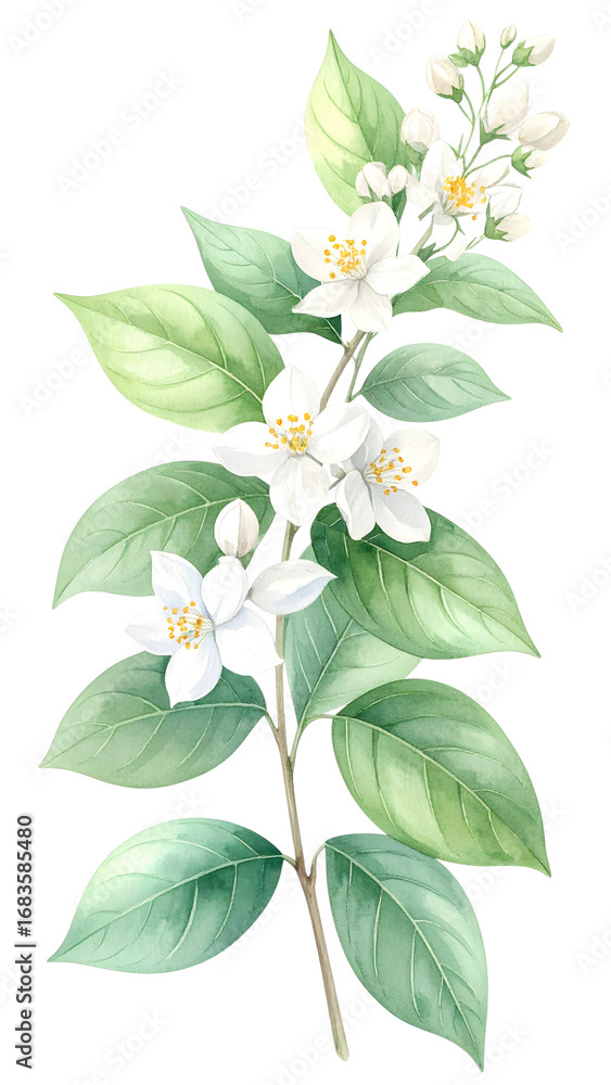 Fototapeta premium Jasmine Blooming Branch: A botanical watercolor painting showcases a vibrant branch of Jasmine in full bloom, revealing its delicate, Botanical for Wedding Invitation, Greeting Card, Decorative .