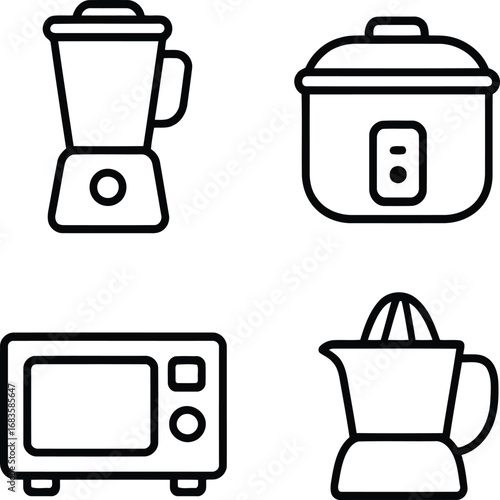 Kitchen appliances arranged neatly on a white surface showcasing a blender, cooker, microwave, and juicer in a minimalist style.