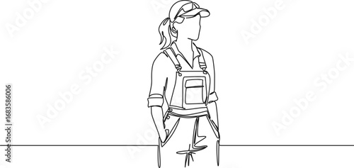 continuous single line drawing of female technician or mechanic, hands in pockets, line art vector illustration