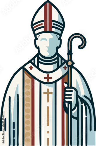 Stylized Pope or Bishop Vector Illustration with Mitre and Crozier - Catholic Clergy Icon