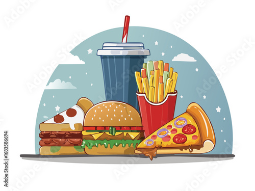 Vector Illustration of Popular Fast Food Meal: Burger, Pizza, Fries, Sandwich & Drink