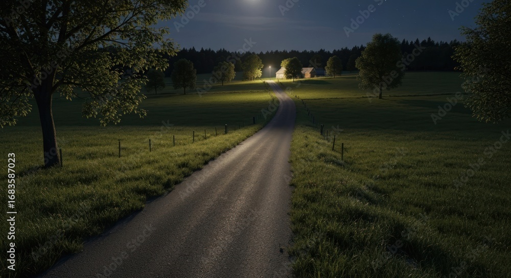 Fototapeta premium Country road at night, bathed in moonlight. Trees and a small house are visible along the path