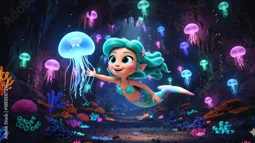 A colorful underwater scene with a mermaid swimming through it