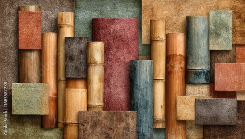 Abstract art design, layered bamboo and blocks