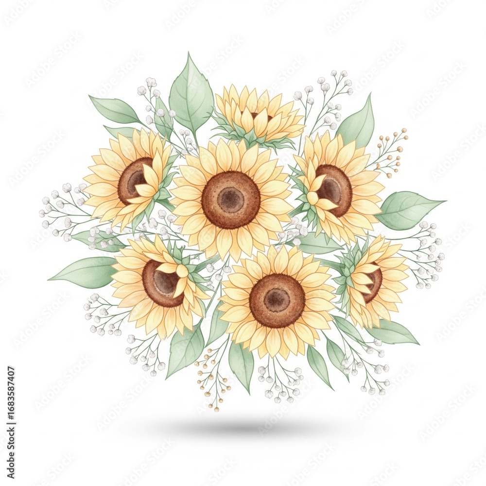 Obraz premium A vibrant bouquet of sunflowers surrounded by delicate greenery and blossoms, showcasing a cheerful and artistic floral arrangement.