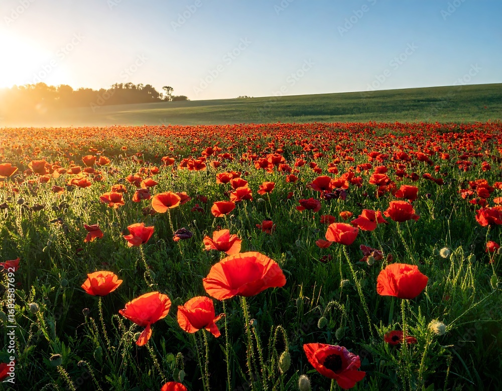 Obraz premium A vast expanse of vibrant red poppies blankets a field at sunrise, bathed in golden light.