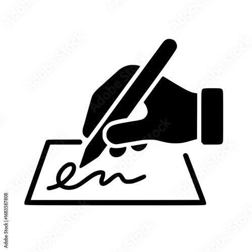 Black Icon of Hand Writing Signature on Paper, Minimalist Hand with Pen Signing Document Vector, Writing Signature Hand Silhouette SVG Icon