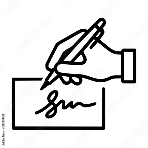 Black Icon of Hand Writing Signature on Paper, Minimalist Hand with Pen Signing Document Vector, Writing Signature Hand Silhouette SVG Icon