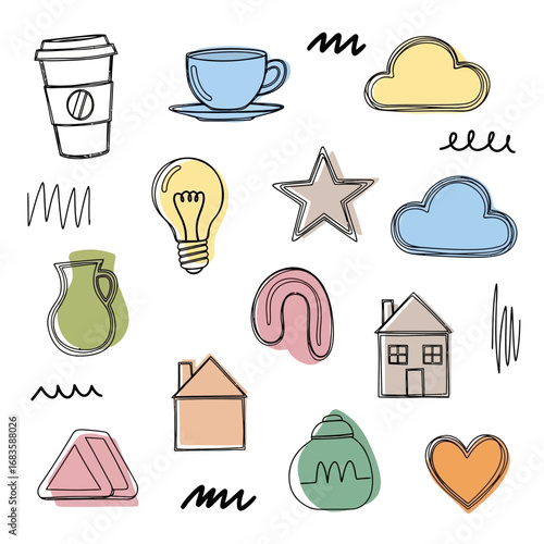 Colorful whimsical doodles and illustrations of everyday objects a charming collection