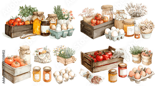 Watercolor rustic food illustration of farm crates with tomatoes, eggs, jars, flowers, and homemade produce in countryside harvest style.