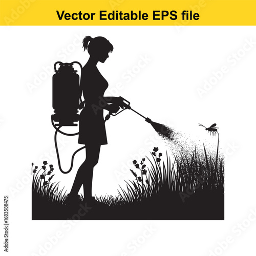 Silhouette of a woman spraying insecticide on grass and insect