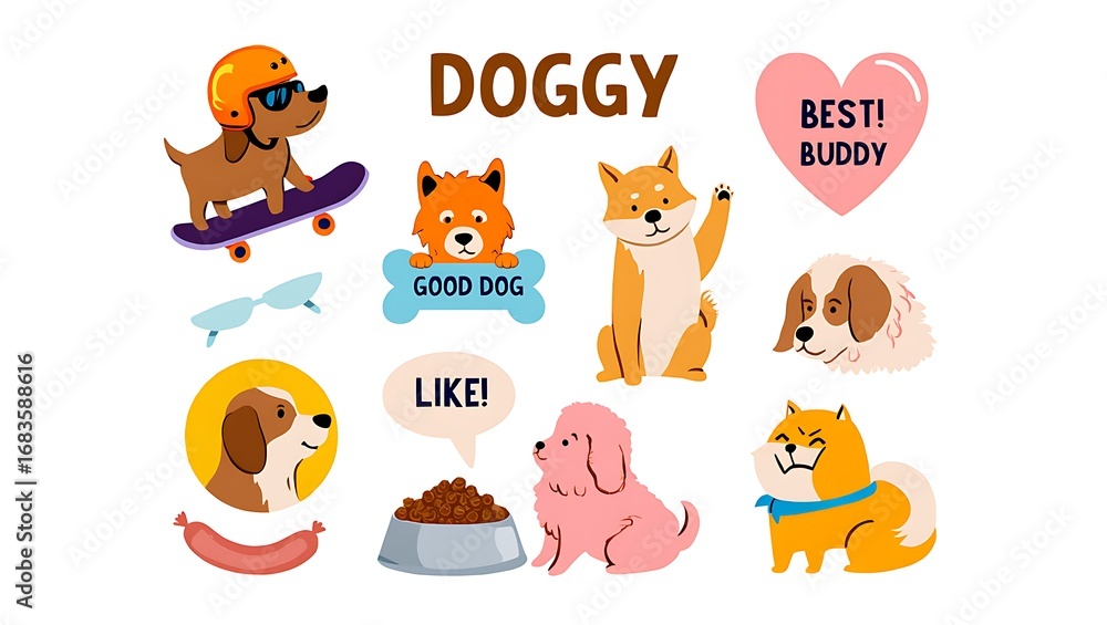 Obraz premium Cute dog stickers collection on a white background with accessories