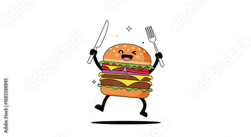 Joyful burger character ready to devour delicious food with utensils